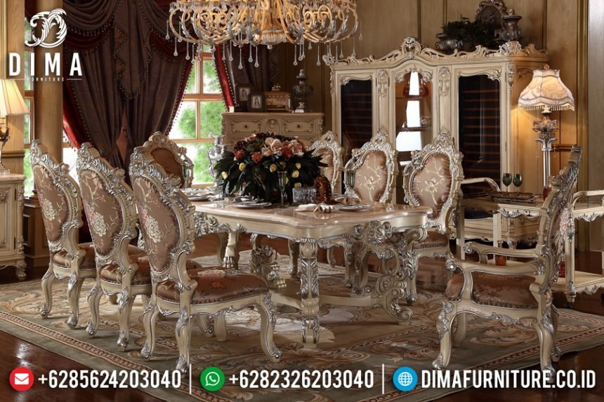 Set Kursi Meja Makan Mewah Terbaru Mebel Jepara Cat Duco Ivory Silver ST-0477