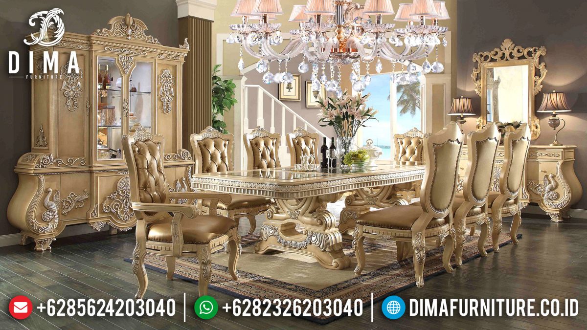 Meja Makan Mewah Jepara Ukiran Klasik Terbaru Eropa Cat Duco Ivory ST-0520