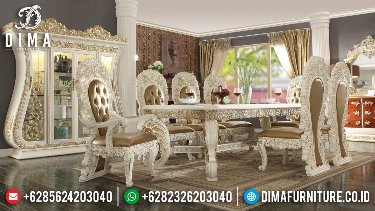 Set Meja Makan Mewah Jepara Ukiran Klasik Luxury Eropa Style Terbaru Duco Ivory Emas ST-0521