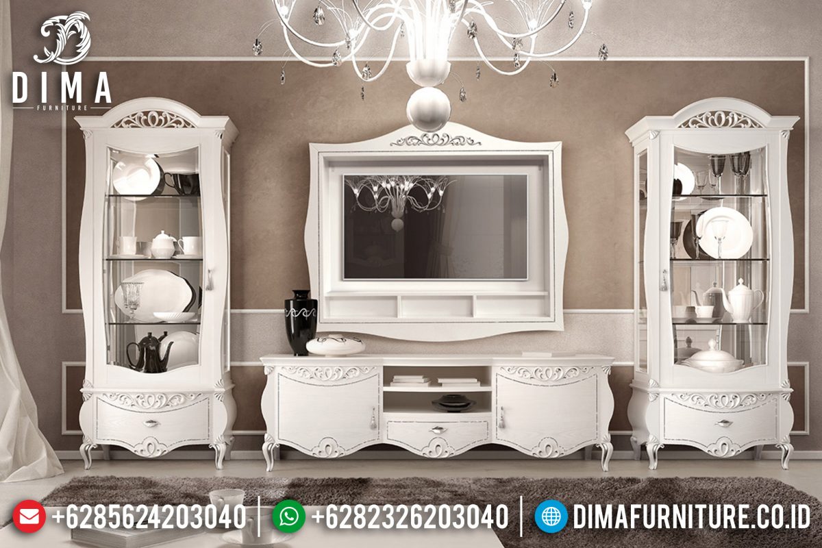 Bufet TV Mewah Jepara Duco Putih Silver Naxos ST-0535 | Sofa Tamu Jepara - Dima Furniture Bufet TV Mewah Jepara Duco Putih Silver Naxos ST-0535