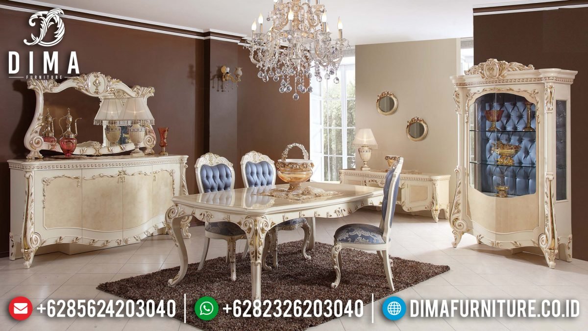 Meja Makan Jepara Mewah Model Terbaru Duco Ivory Gold Elmas ST-0532 Meja Makan Jepara Mewah Model Terbaru Duco Ivory Gold Elmas ST-0532