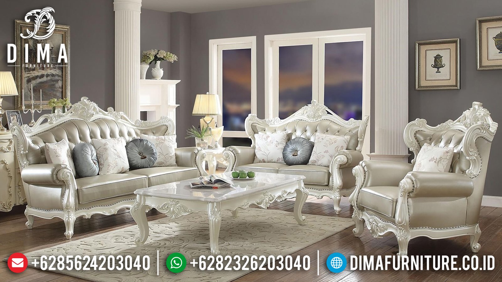Set Kursi & Sofa Tamu Jepara Mewah Duco Putih Mutiara Terbaru Erigeron ST-0638 Set Kursi & Sofa Tamu Jepara Mewah Duco Putih Mutiara Terbaru Erigeron ST-0638