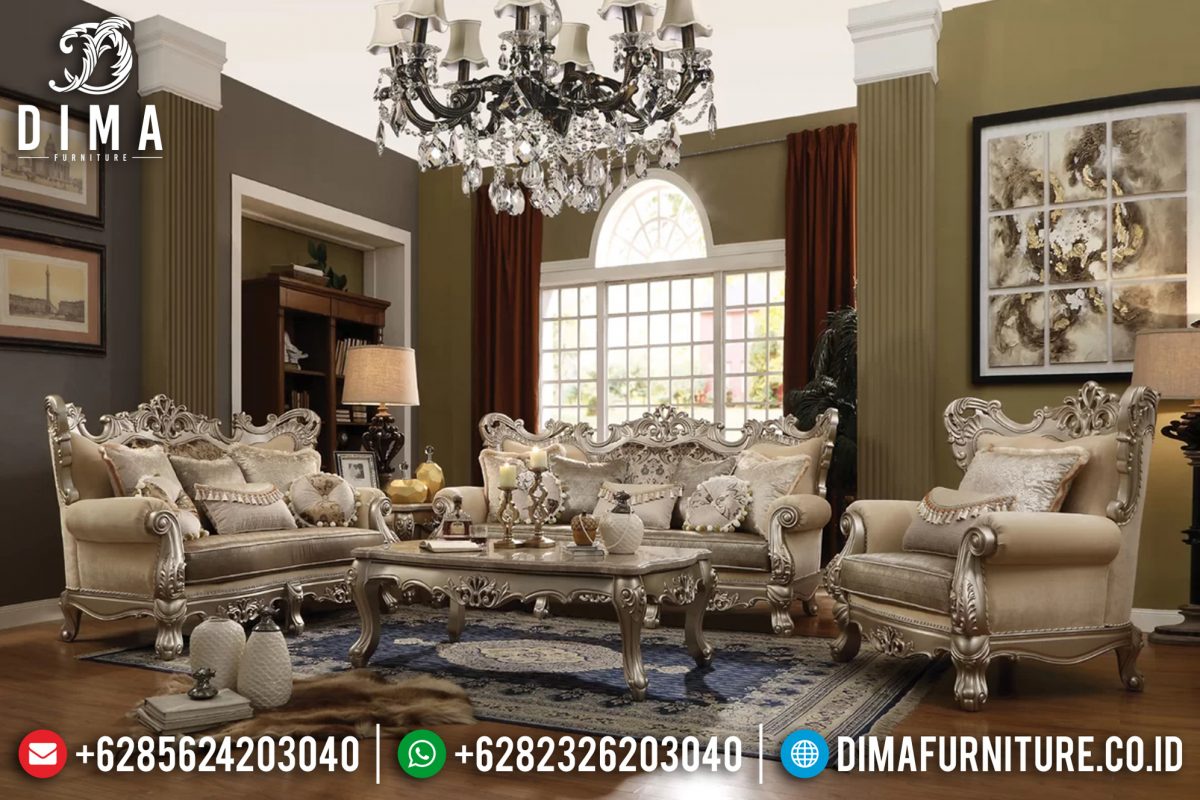Set Sofa Tamu Jepara Mewah Jarred Champagne Ukiran Klasik Duco Siver ST-0675