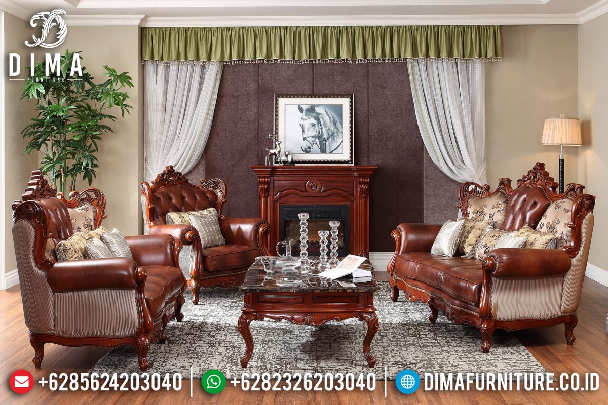 Terlaris Set Sofa Tamu Jepara Mewah Jati Ukiran Klasik Natural PU ST-0674
