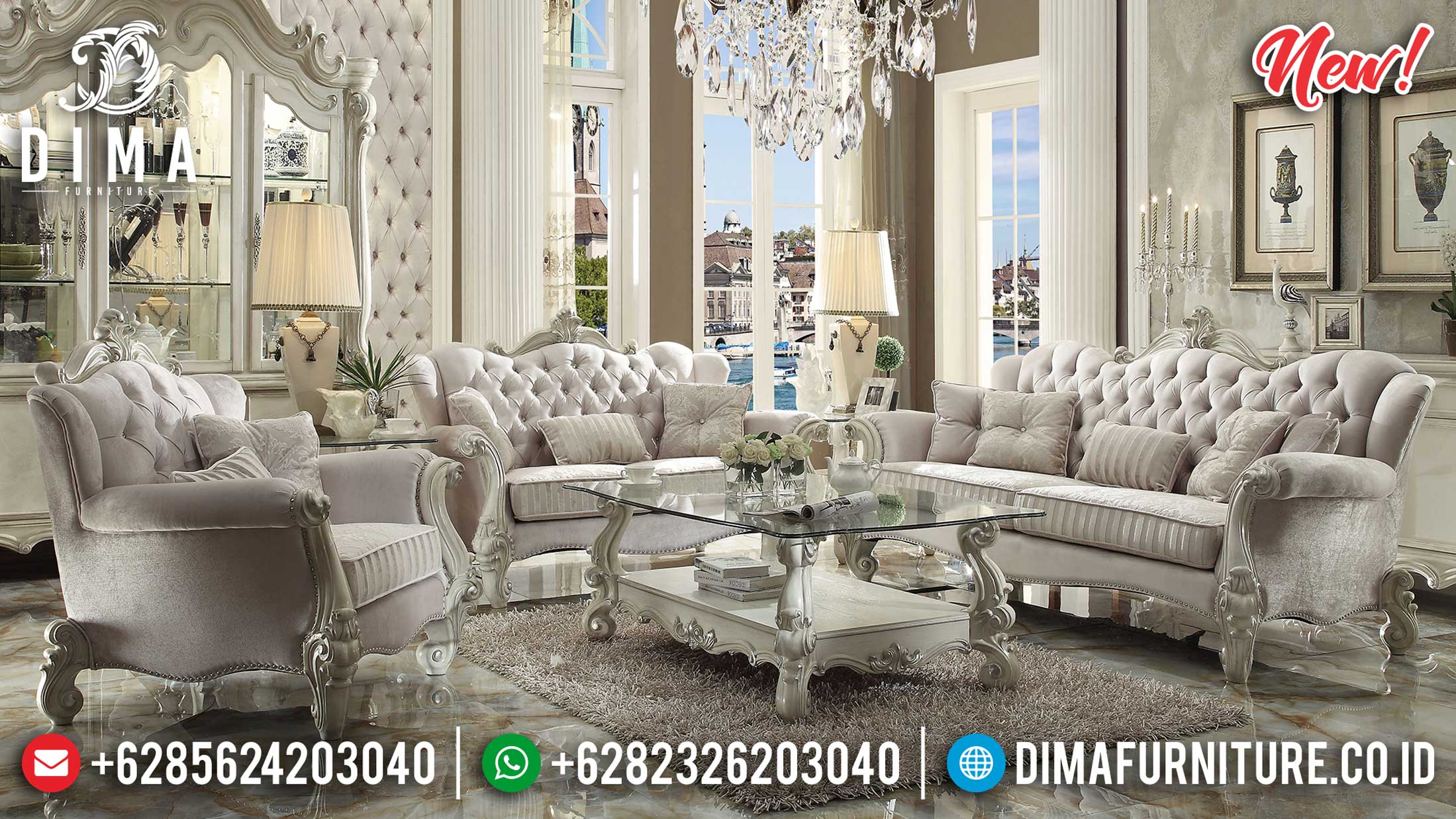 New Sofa Tamu Jepara Classic Design Luxury Carving Putih Ivory ST-1006