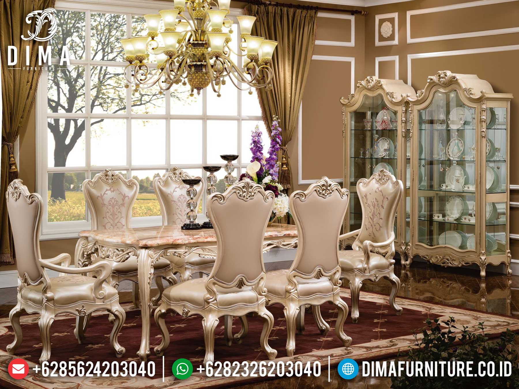 Meja Makan Mewah Jepara, Kursi Makan Ukiran Luxury, Set Meja Makan Jepara High Quality ST-1260