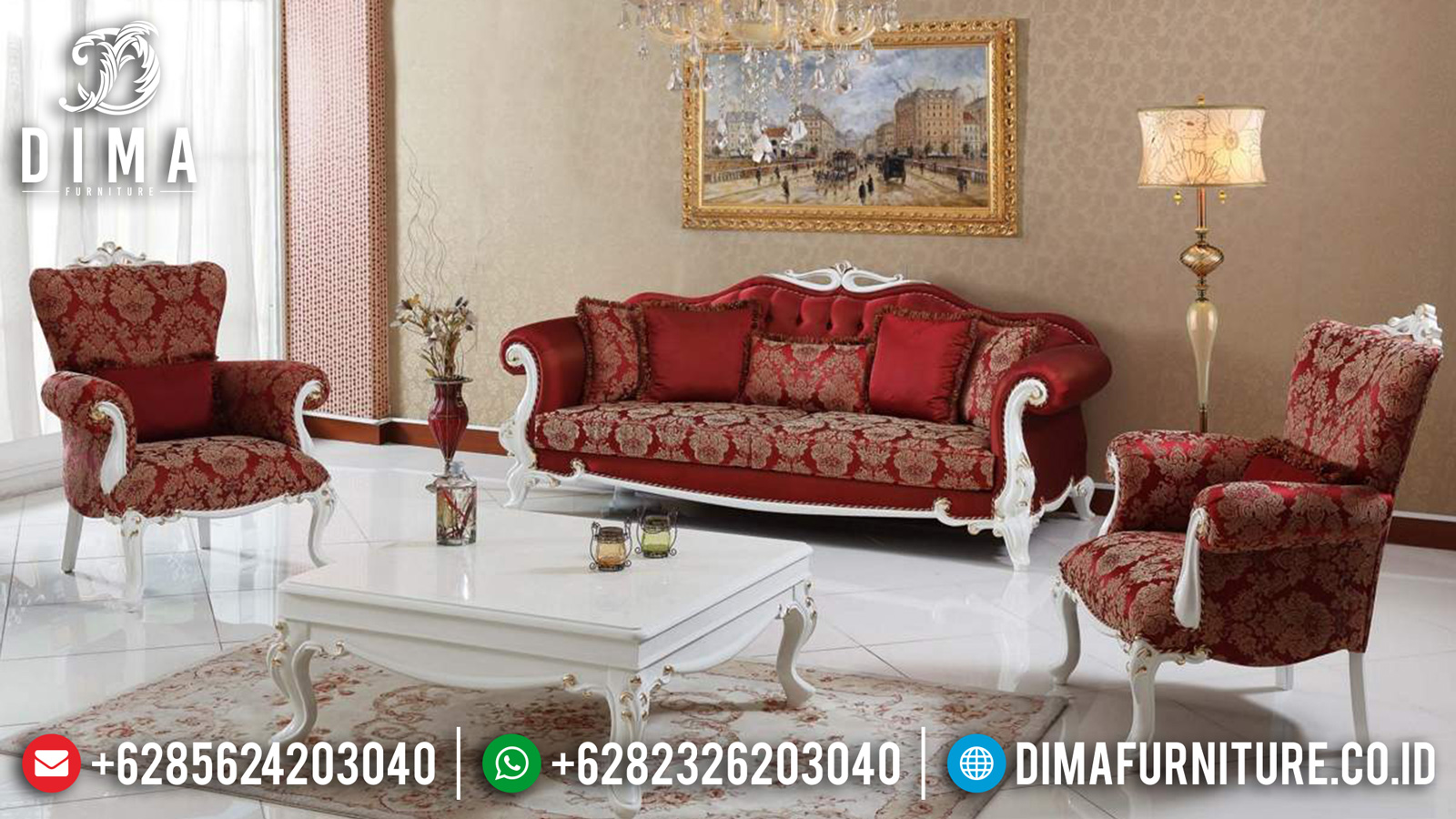 Luxury Sofa Tamu Mewah Jepara New Red Motif Soft Fabric Elegant ST-1294