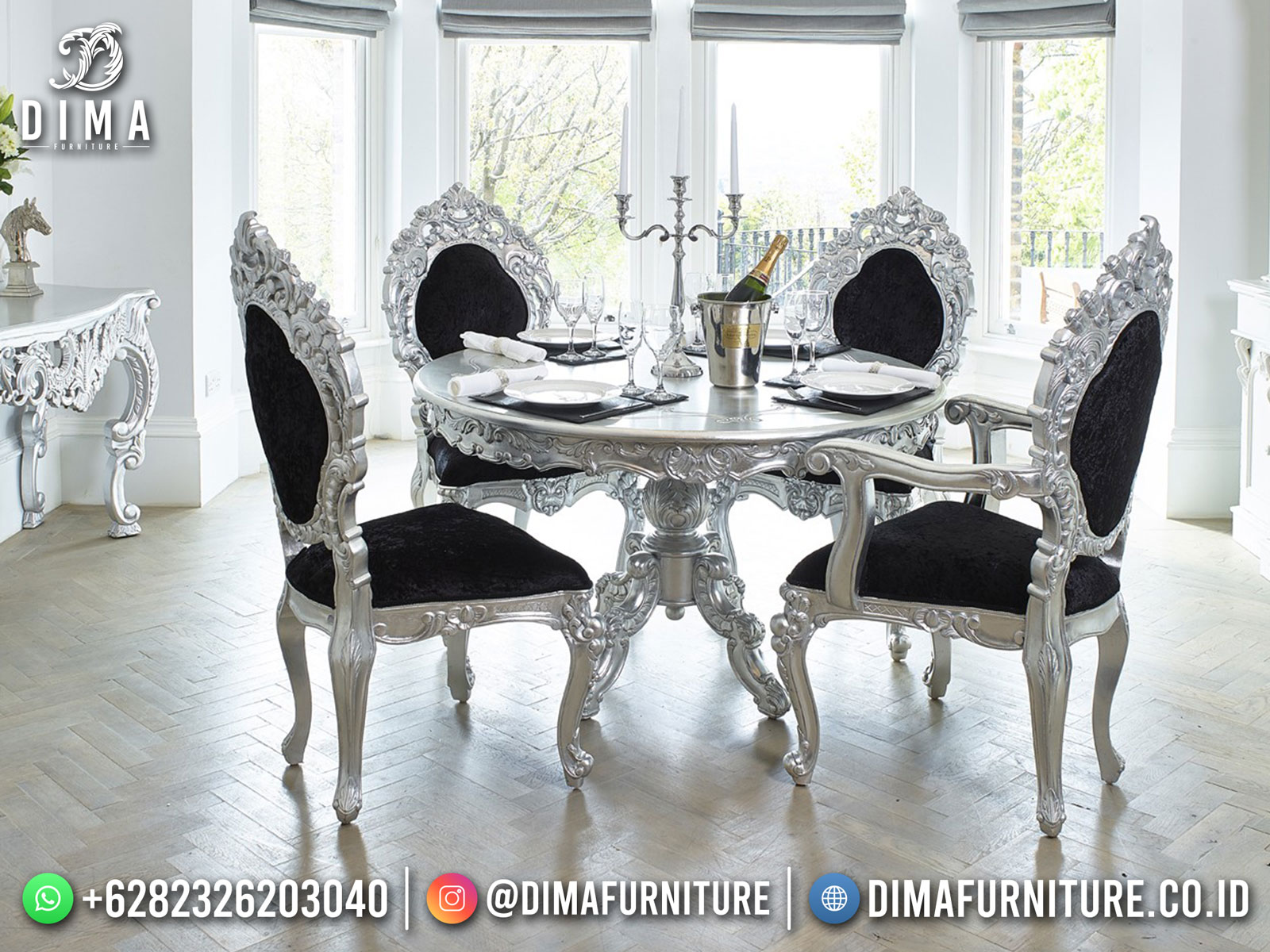 Meja Makan Mewah Jepara Silver Luxury Elegant Color ST-1484