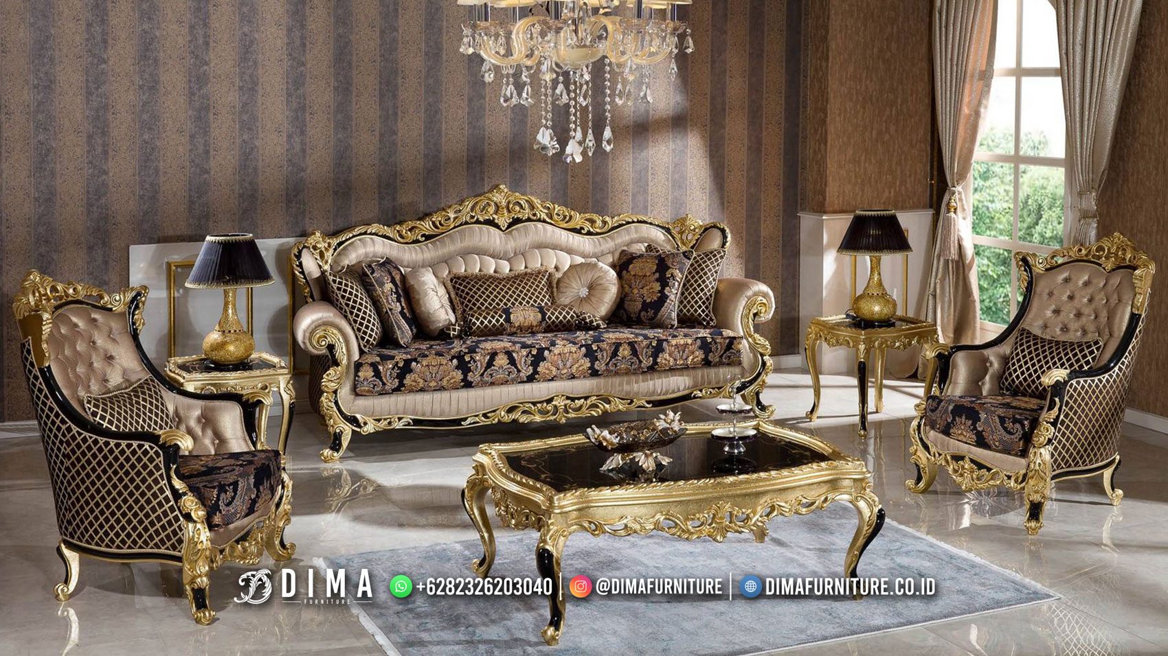 Special Design Kursi Sofa Ruang Tamu Ukiran Mewah Terbaru Golden Black Style ST-1914
