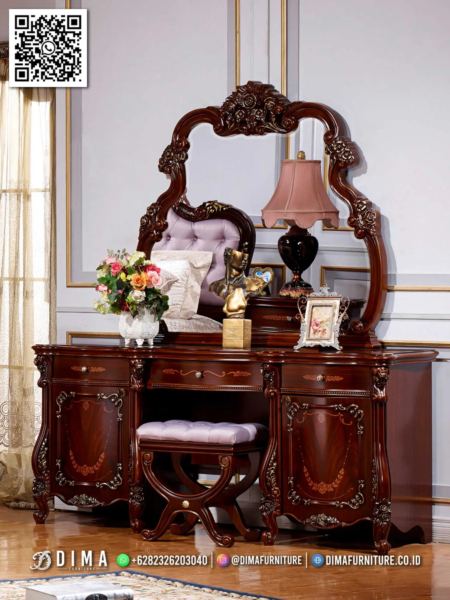 meja rias elegan kayu jati red mahogany ukir dima 54st — meja rias elegan