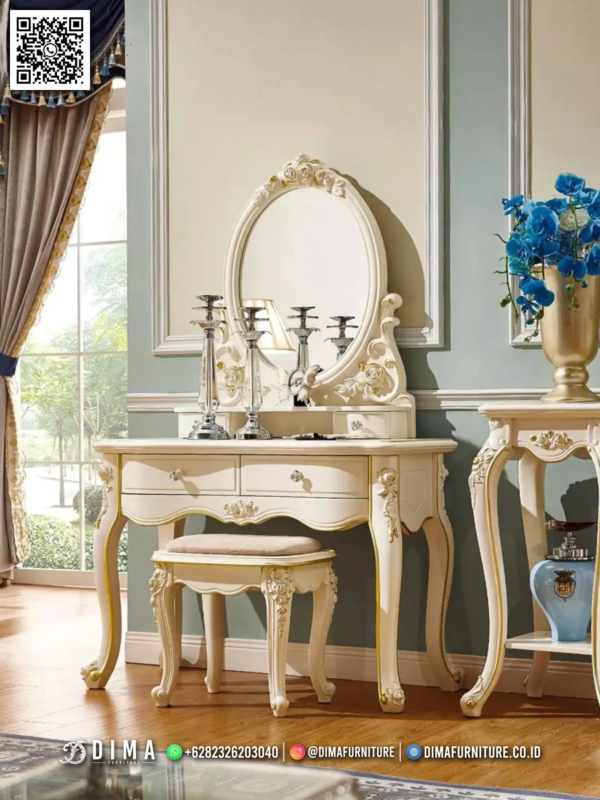 Meja Rias Ukiran Mewah Ivory Gold Elegan untuk Kamar Tidur 25ST