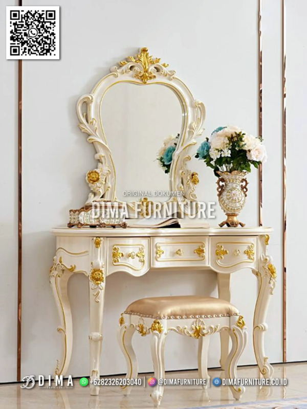Set Meja Rias Ukir Elegan Putih Gold Luxury Dima 51ST