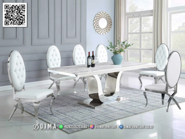 Meja Makan Mewah Marmer Putih Kaki Silver Elegan Milano 91ST